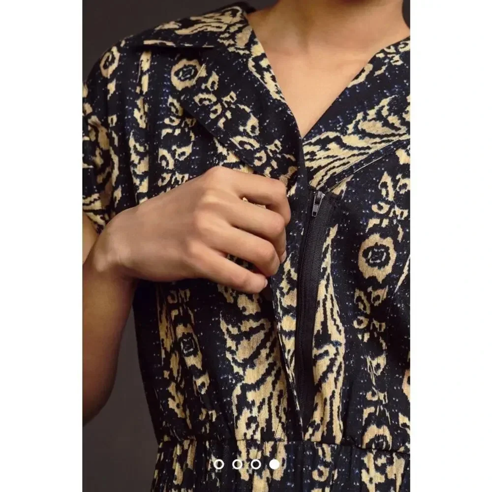 Tiny Anthropologie Ella Romper in Blue Motif Size M Tribal Print in Navy Beige